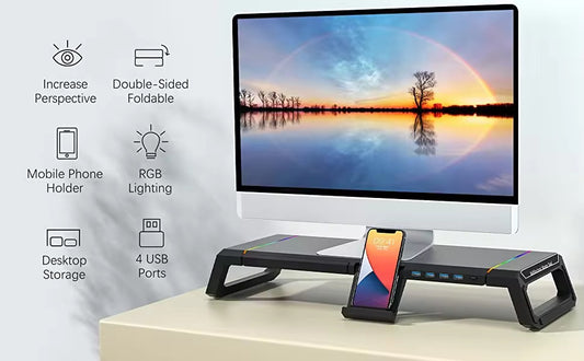 ستاند شاشة RGB للألعاب مع درج ومنفذ USB – تصميم أنيق وقابل للطي