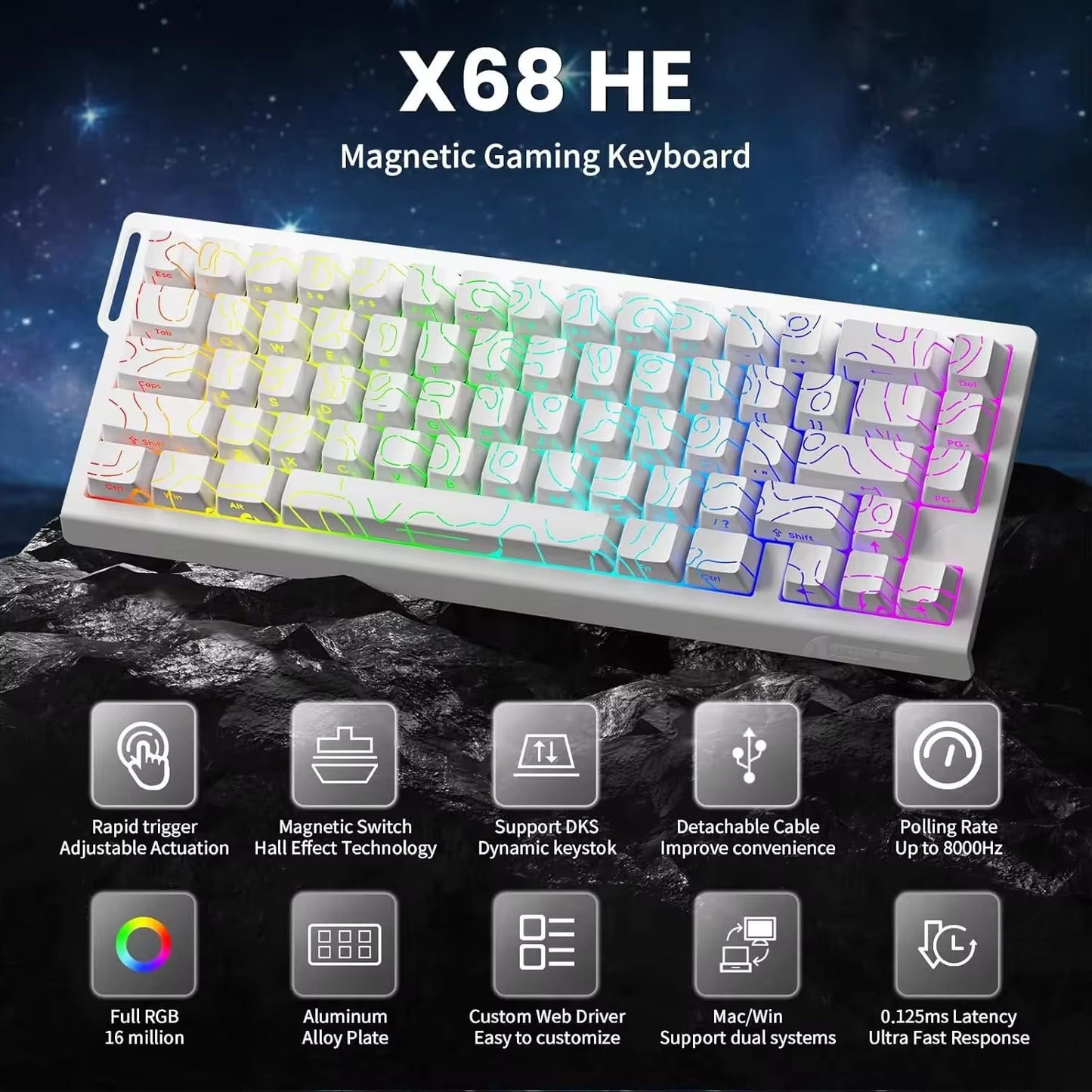 كيبورد قيمنق مغناطيسي X68HE | 8000Hz | أسرع استجابة بضغطه وحدة!