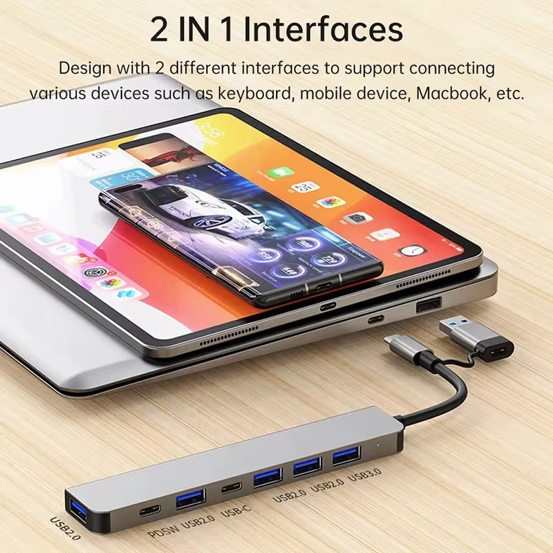هَب USB 7 في 1 – محوّل متعدد المنافذ Type-C & USB 3.0 بسرعة عالية ⚡