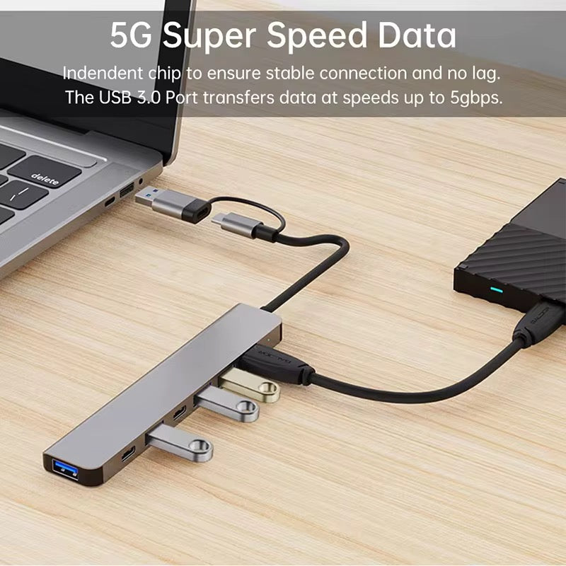 هَب USB 7 في 1 – محوّل متعدد المنافذ Type-C & USB 3.0 بسرعة عالية ⚡